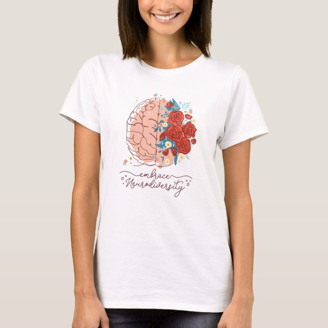 Ein Gehirn und Blume umarmen die Neurovielfalt T-Shirt (Vorderseite)
