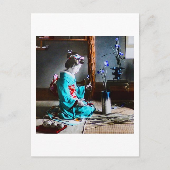 Ein Geisha, der Iris-Blume Vintages altjapanisches Postkarte (Vorderseite)