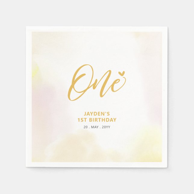 Ein gelbes Herz & Aquarell Junge 1. Geburtstag Serviette (Vorderseite)