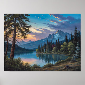 Ein Gemälde eines Bergsees und Bäumen am Abend Poster