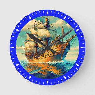 Ein Gemälde eines Schiffes mit den Segeln ab 56350 Runde Wanduhr