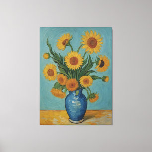 ein Gemälde mit Sonnenblumen in einer blauen Vase  Leinwanddruck