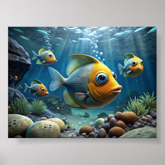 Ein Gemälde von Fischen am Ufer des Flusses Poster