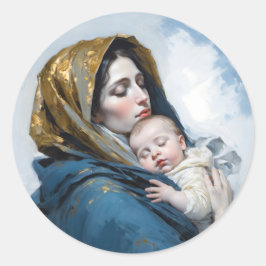 Ein Gemälde von Mutter Mary und Baby Jesus Runder Aufkleber