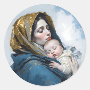 Ein Gemälde von Mutter Mary und Baby Jesus Runder Aufkleber