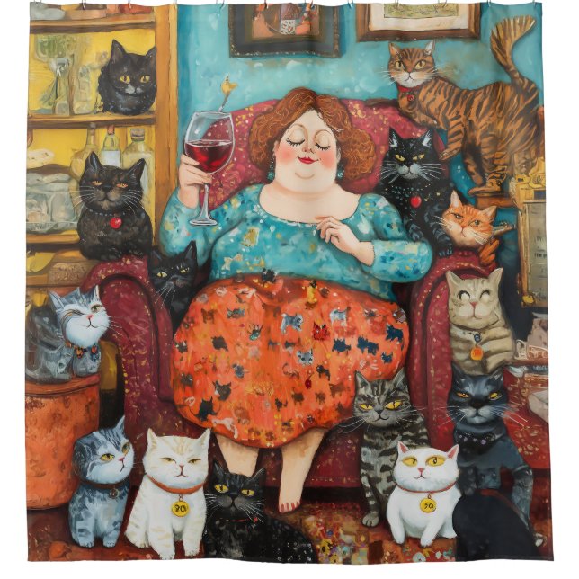 Ein gemütlicher Abend mit kinderloser Cat Lady Duschvorhang (Vorderseite)