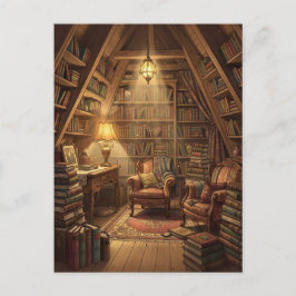 Ein gemütlicher, buchgefüllter Dachzimmerraum in w Postkarte