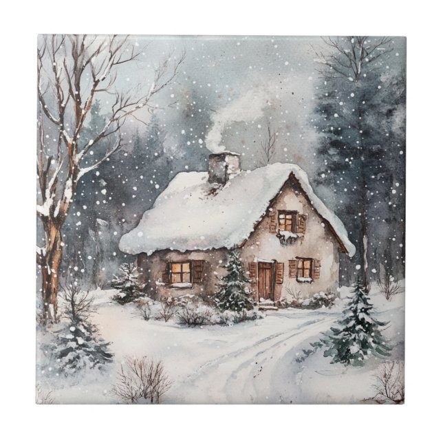 Ein gemütliches Cottage im Winter Fliese (Vorderseite)