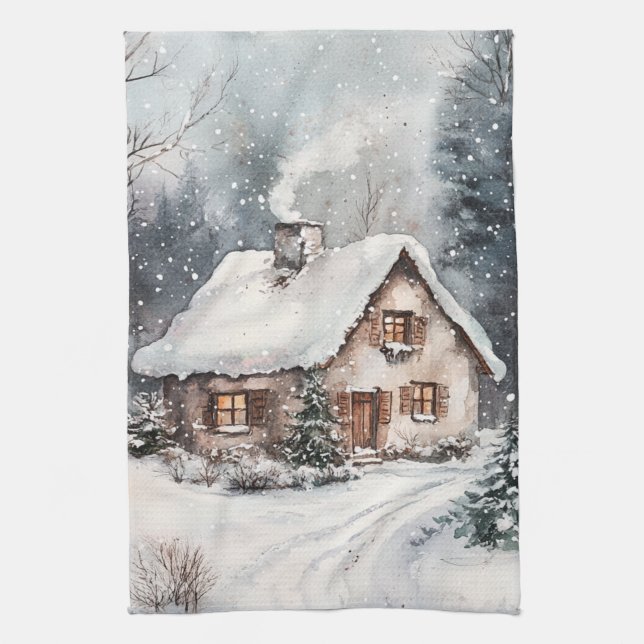 Ein gemütliches Cottage im Winter Geschirrtuch (Vertikal)