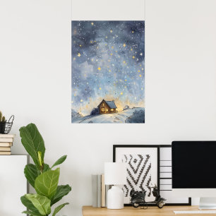 Ein gemütliches, glühendes Haus unter einem Sterne Poster