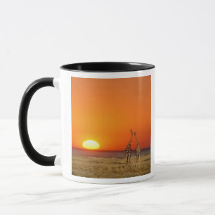 Ein Giraffenpaar geht in den Sonnenuntergang, in Tasse