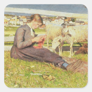 Ein Girl Knitting, 1888 (Öl auf Leinwand) Quadratischer Aufkleber