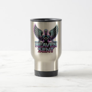 Ein glänzender, metallischer Engel mit Flügeln, Y2 Reisebecher