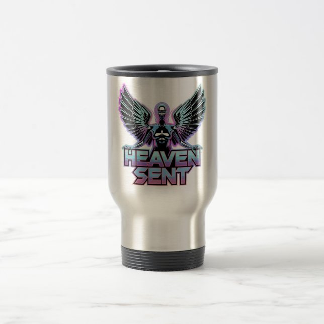 Ein glänzender, metallischer Engel mit Flügeln, Y2 Reisebecher (Mittel)