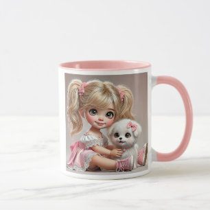 Ein glänzendes Mädchen und ihr süßes Hündchen. Tasse