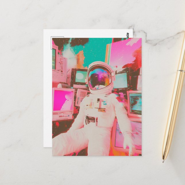 Ein glitzernder Astronaut in meist pinken und Blue Postkarte (Vorderseite/Rückseite Beispiel)
