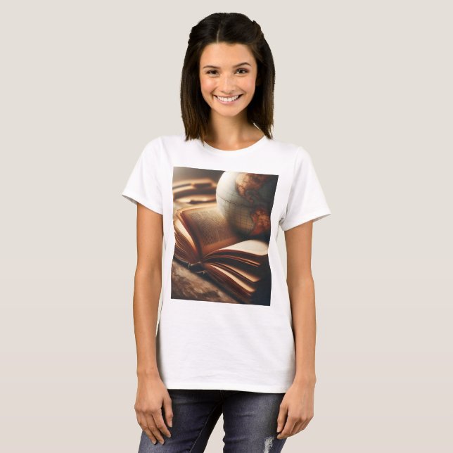 ein Globus steht auf einem Buch T-Shirt (Vorne ganz)