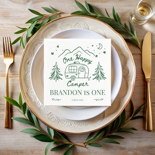 Ein glücklicher Camper grüne handgezeichnete Gebur Serviette (One happy camper green hand drawn birthday party personalized printed napkins)