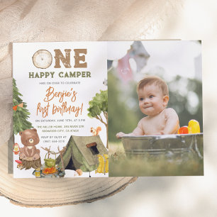 Ein glücklicher Camper Wood Bear Foto Jungen 1. Ge Einladung