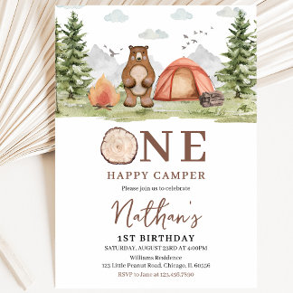 Ein glücklicher Camper Woodland Erster Geburtstag Einladung