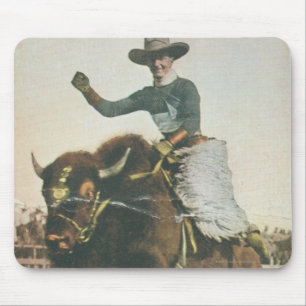 Ein glücklicher Cowboy auf einem bockenden Büffel. Mousepad