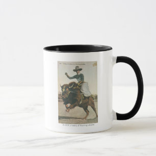 Ein glücklicher Cowboy auf einem bockenden Büffel. Tasse
