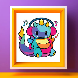 Ein glücklicher Drache mit Kopfhörern, der Musik h Fotodruck