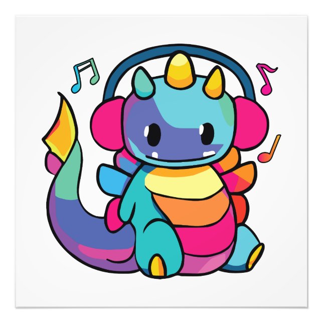Ein glücklicher Drache mit Kopfhörern, der Musik h Fotodruck (Vorne)