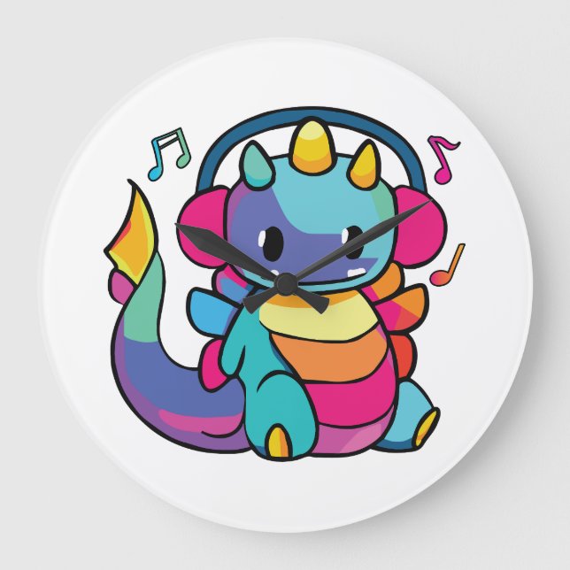 Ein glücklicher Drache mit Kopfhörern, der Musik h Große Wanduhr (Vorderseite)
