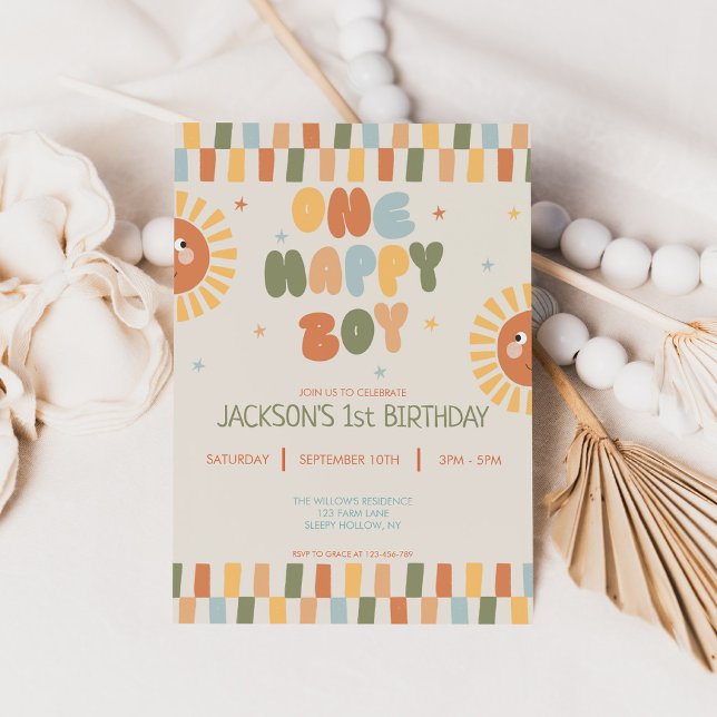 Ein glücklicher Junge Boho Sonne 1. Geburtstag Einladung (Von Creator hochgeladen)