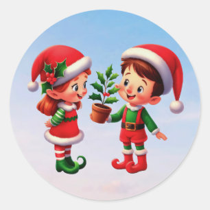 Ein glücklicher Junge und ein Mädchen Weihnachtsel Runder Aufkleber