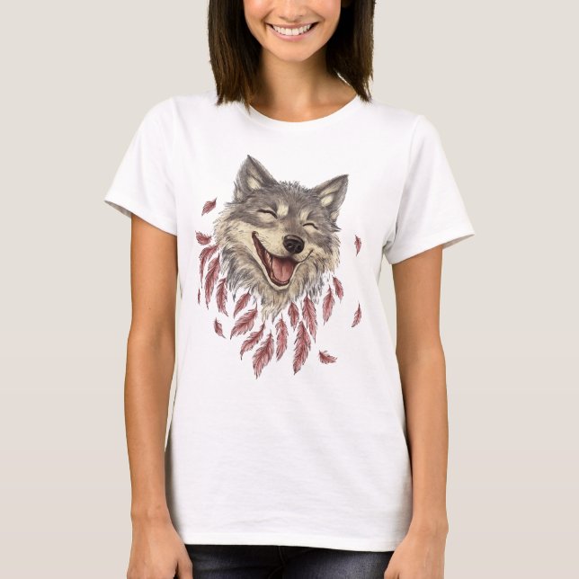 Ein glücklicher lächelnder Wolf in Federn T-Shirt (Vorderseite)