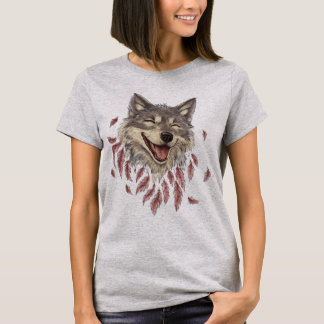 Ein glücklicher lächelnder Wolf in Federn T-Shirt