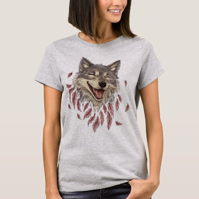 Ein glücklicher lächelnder Wolf in Federn T-Shirt (Vorderseite)
