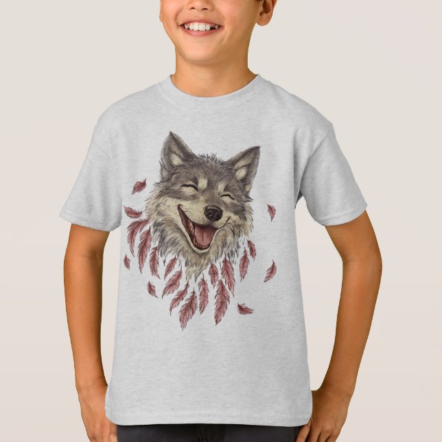 Ein glücklicher lächelnder Wolf in Federn T-Shirt (Vorderseite)