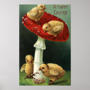 Ein glücklicher Osterhühner auf dem Roten Pilz Poster