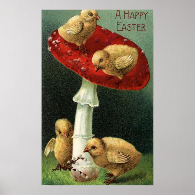 Ein glücklicher Osterhühner auf dem Roten Pilz Poster (Vorne)