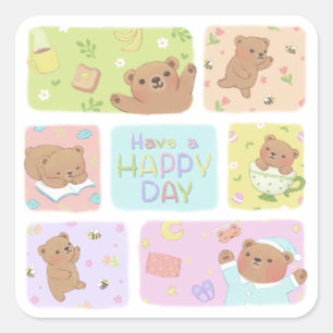 Ein glücklicher Tag: Niedliche Teddybären-Illustra Quadratischer Aufkleber