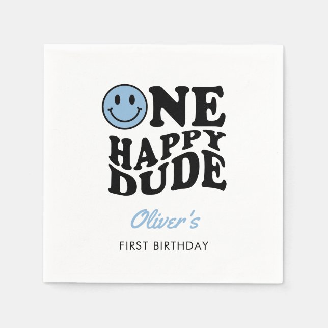 Ein glücklicher Typ Blue Retro Happy Face 1. Gebur Serviette (Vorderseite)