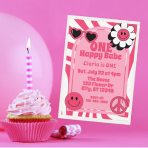Ein glückliches Baby, rosa 1. Geburtstag Einladung