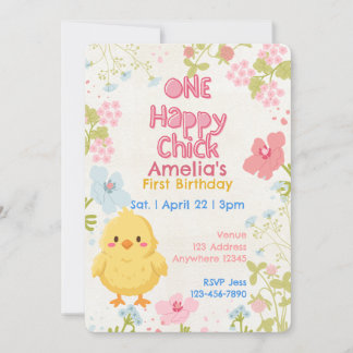 Ein glückliches Küken, Floral 1. Geburtstag Einladung