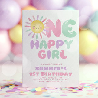 Ein glückliches Mädchen Sonnens 1. Geburtstag Rosa Einladung