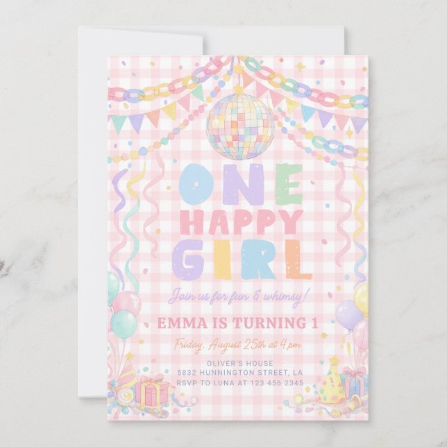 Ein glückliches Mädchen Whimsical Disco Geburtstag Einladung (Vorderseite)
