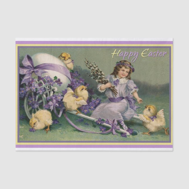 Ein glückliches Vintages OsterGirl mit Baby Chicks Seidenpapier (Vorderseite)