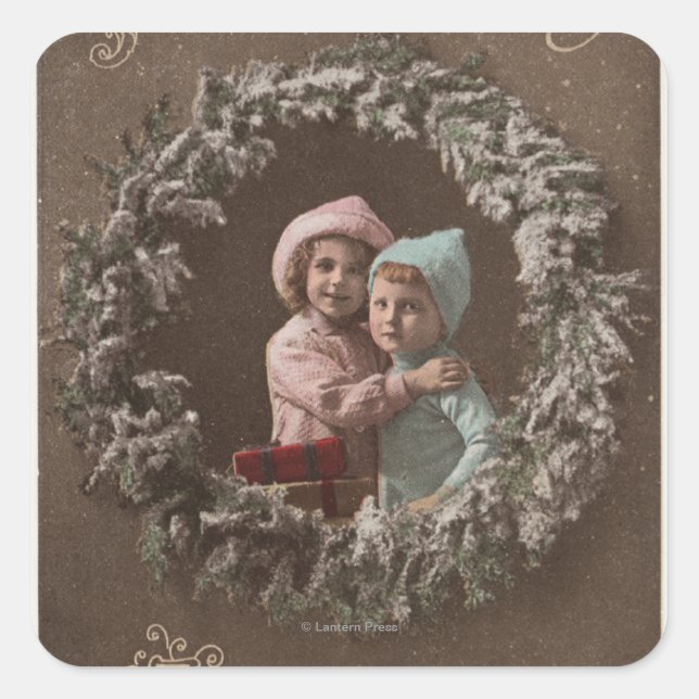 Ein glückliches WeihnachtenKleine Kinder umarmt Quadratischer Aufkleber (Vorderseite)