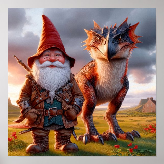 Ein Gnome-Krieger, der mit seinem Drachen posiert Poster (Vorne)