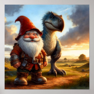 Ein Gnome-Krieger, der mit seinem Drachen posiert Poster