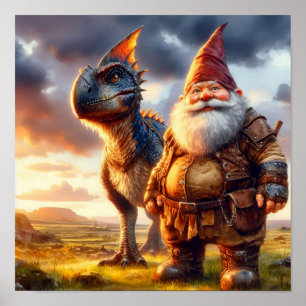 Ein Gnome-Krieger, der mit seinem Drachen posiert Poster