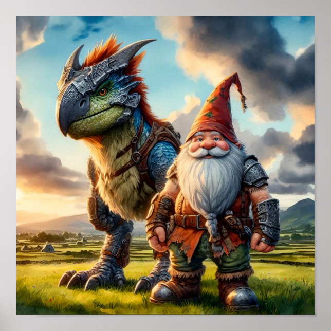 Ein Gnome-Krieger, der mit seinem Drachen posiert Poster (Vorne)