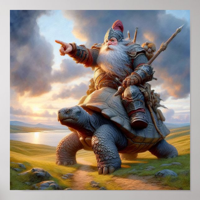 Ein Gnome-Krieger, der seine Tortoise befehligt Poster (Vorne)